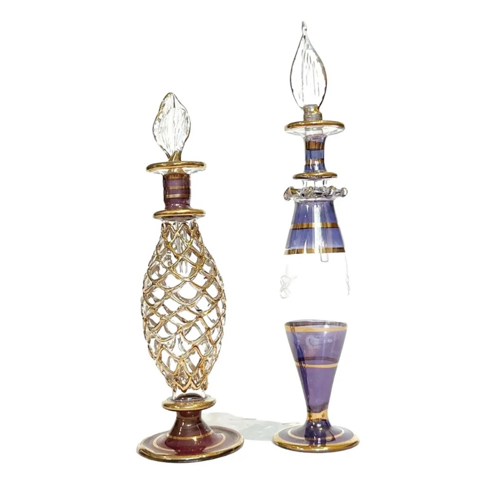 Vintage Delicate Glass Decorative Perfume Bottles Set of 2 Purple Red Gold Decor